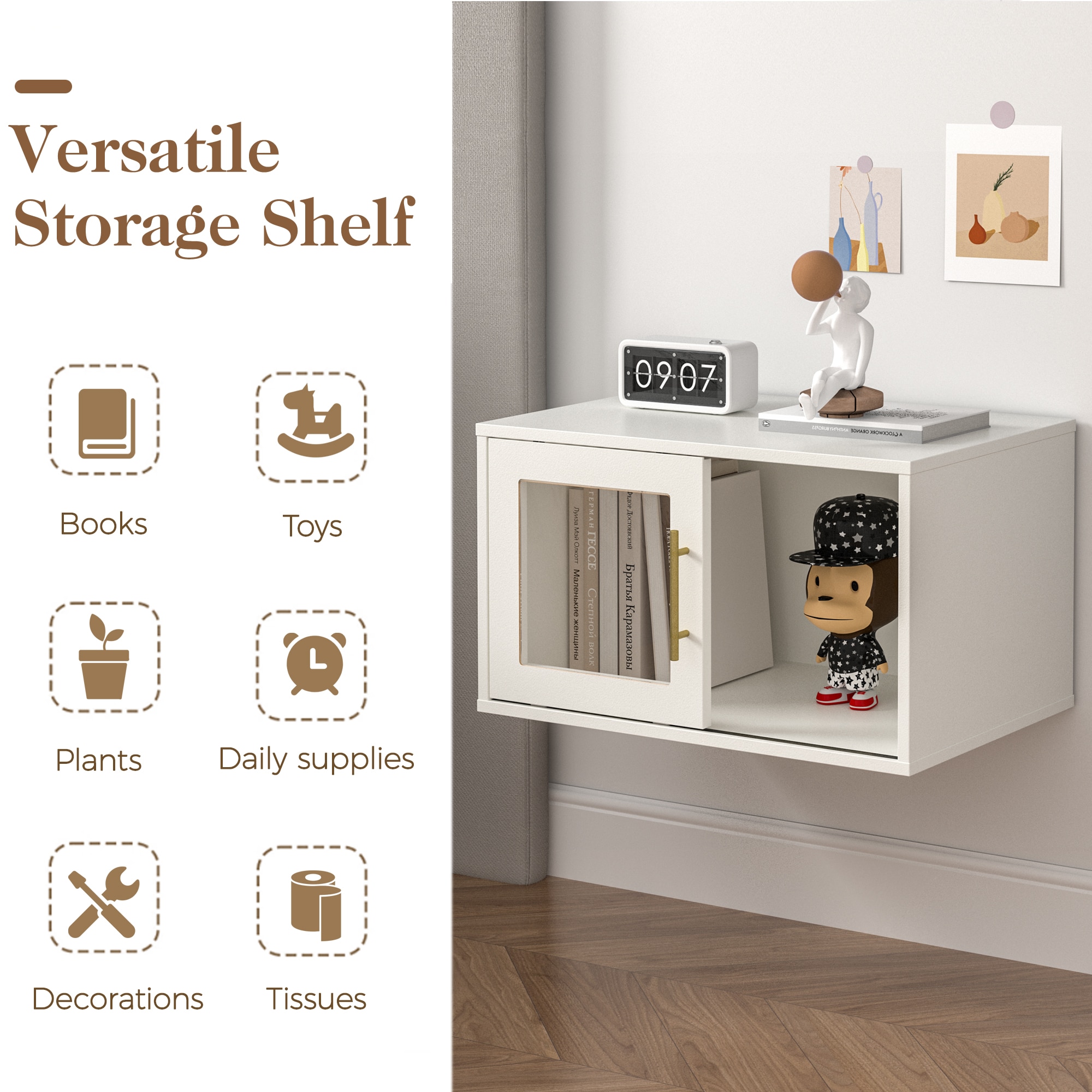 Cube Storage Organizer With Sliding Door White Wood Shelf Unit_voghion.com